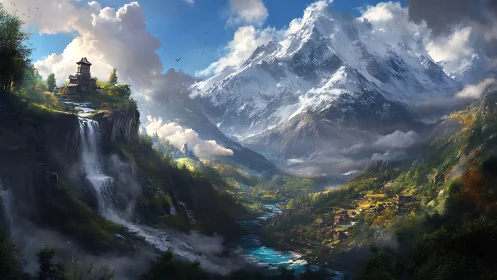Snowcapped mountain valley frames river and cliffside temple