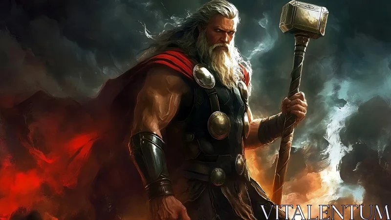Storm-forged thunder god with hammer amid swirling firestorm.