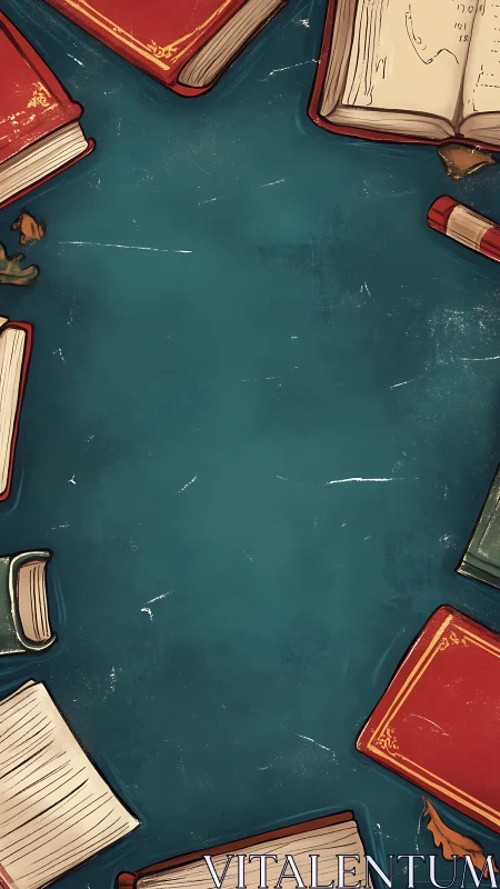 Illustrated border of scattered books on teal textured field.