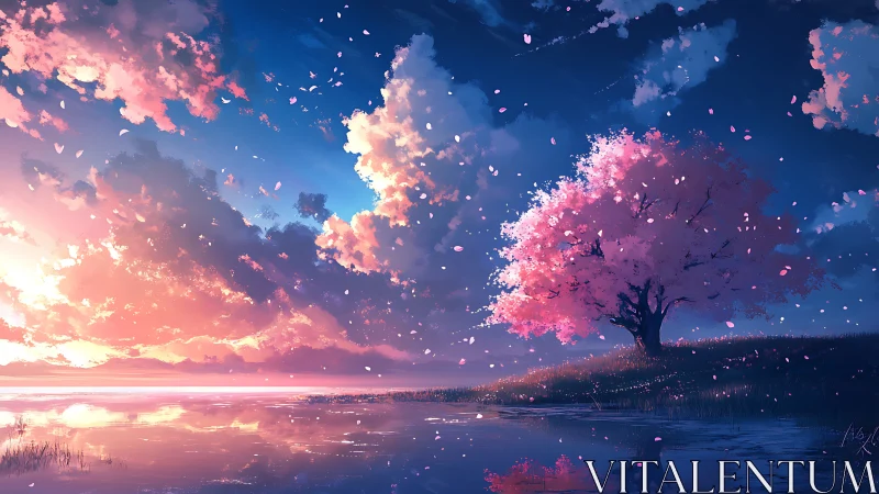 Blossoming cherry tree glows beside reflective lake at dusk