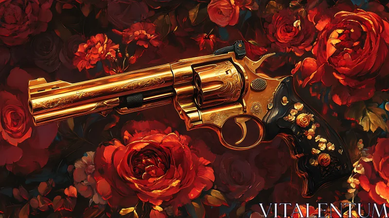 Ornate golden revolver amid lush crimson rose bloomscape.