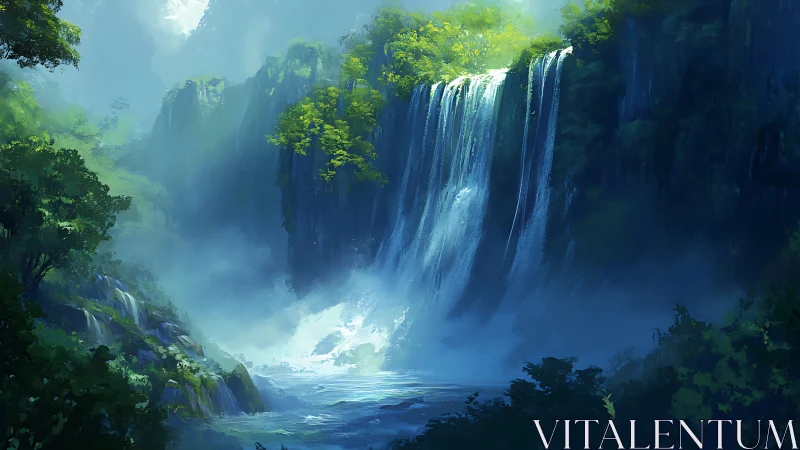Digital painting shows tall forest waterfall in misty gorge