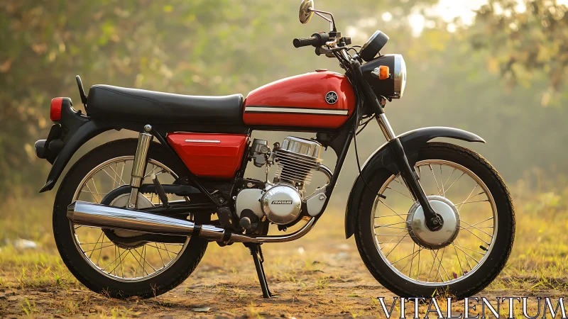 Photorealistic profile of classic red Yamaha motorcycle silhouette.