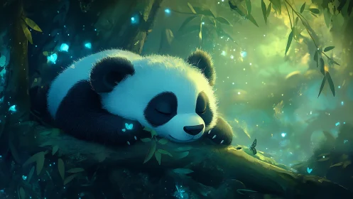 Cute panda cub sleeping on a forest branch at night.