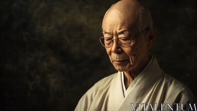 Elderly man in kimono gazes downward in warm light.