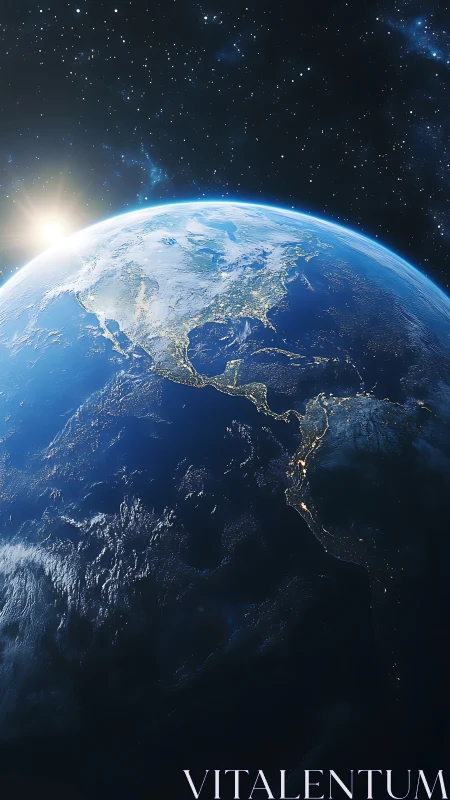 Sunlit Earth over the Americas in detailed space view.