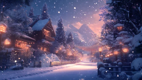 Snowy mountain village street glows with lantern light at dusk.