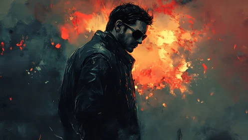 Male figure in profile stands before diffuse fiery backdrop