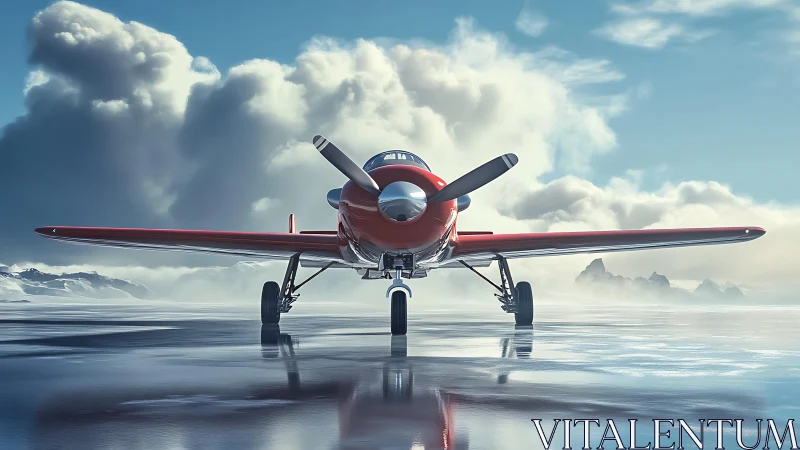 Sleek red propeller plane rests on icy reflective runway.