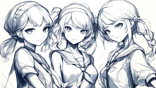 Three manga schoolgirls in sketchy blue line art portrait.