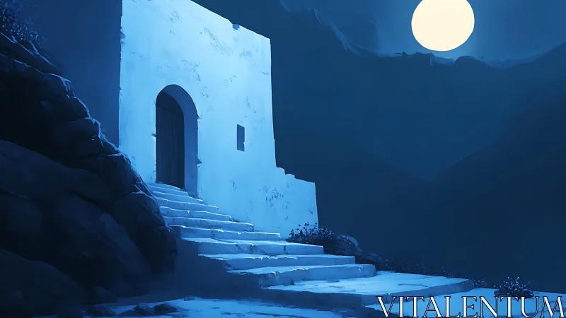 Moonlit white stone stairway ascends toward a silent house