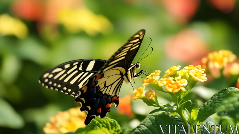 Macro view records butterfly collecting nectar on yellow flowers