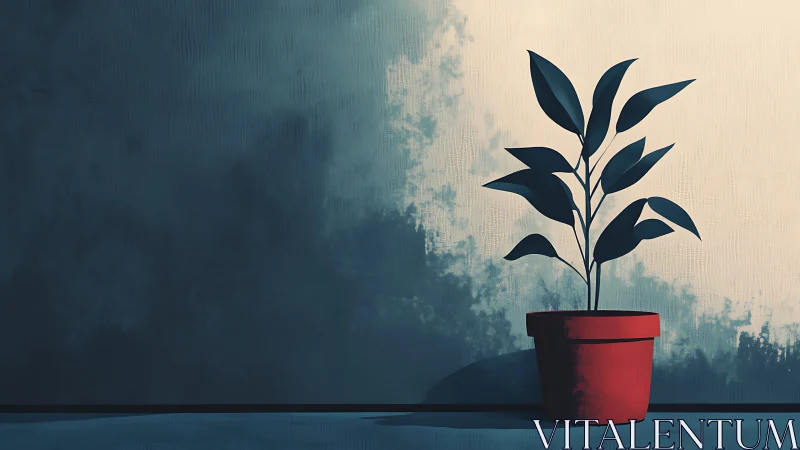 Minimalist potted plant in chiaroscuro side lighting on wall