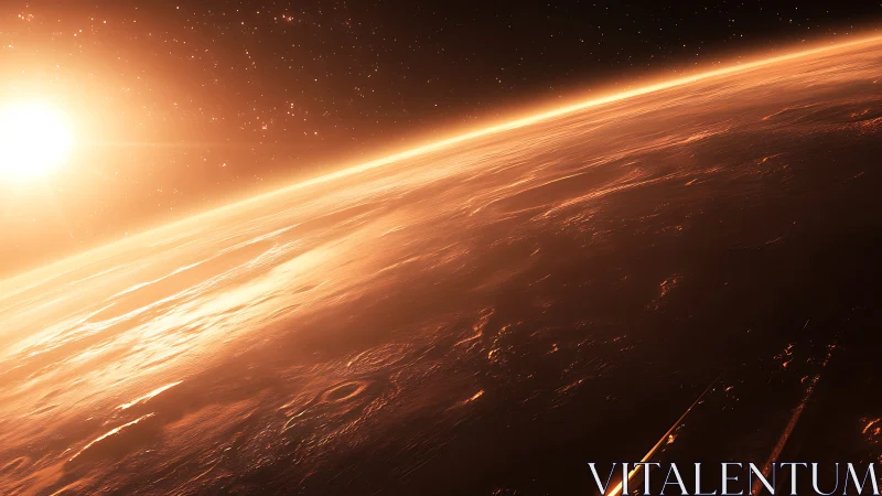 Oblique orbital view of sunlit desert planet with volumetric haze