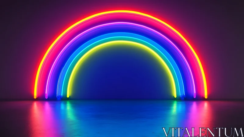 Neon rainbow arcs glow over polished reflective floor surface.