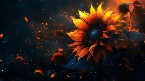 Glowing sunflower under midnight sky with fiery orange light.
