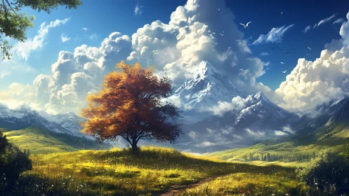 Lone ember tree dreaming beneath thunderous alpine clouds.