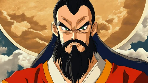 Bearded anime elder before large moon and clouded sky.