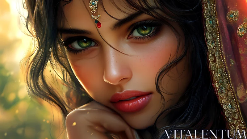 Emerald gaze beneath jeweled veil in golden afternoon hush.