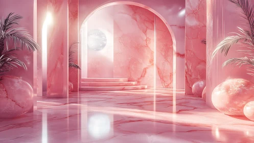 Monochrome pink marble atrium with volumetric light and glossy floor
