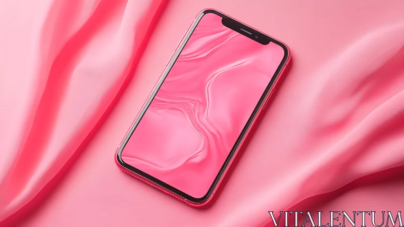 Smartphone with glossy pink fluid display on draped fabric surface