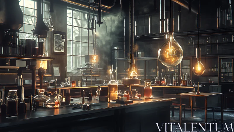 Vintage industrial laboratory glows under warm filament lamps
