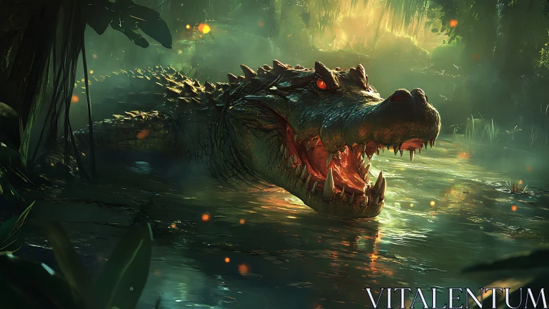 Predatory crocodile emerges from swamp water with glowing eyes