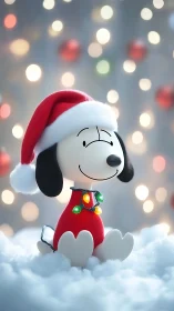 Snowy pup in Santa hat basking in dreamy holiday glow.