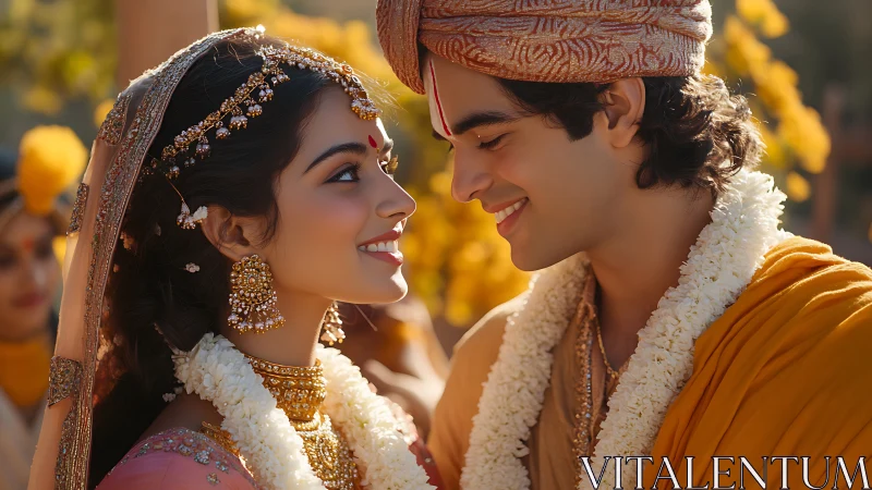 Close-up of Indian wedding couple with ornate jewelry and garlands