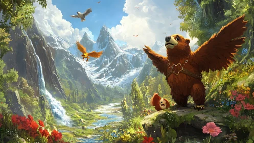 Winged bear guardians over lush alpine fantasy valley.