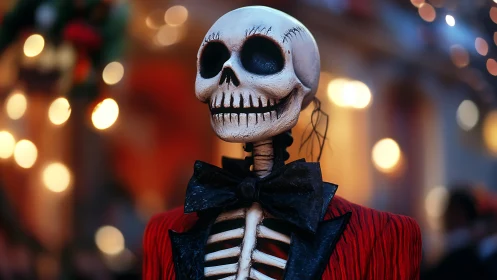 Charming skeleton in a red suit smiles under glowing lights