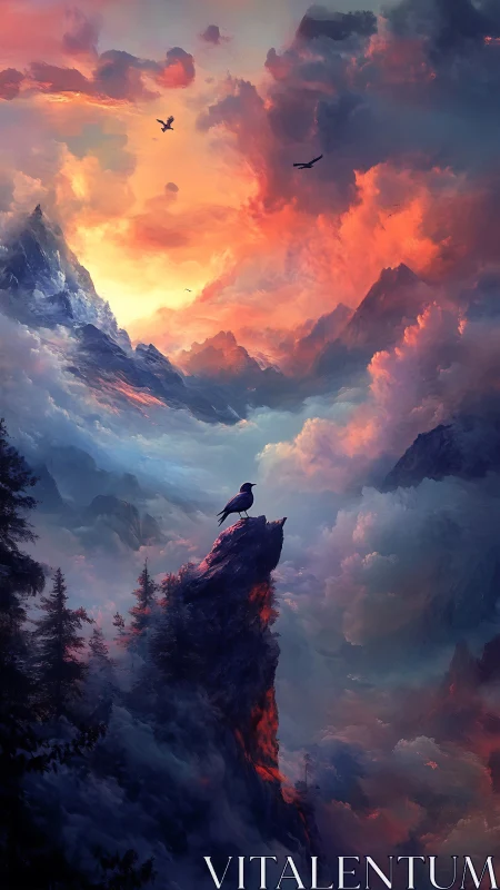 Solitary bird on cliff above vivid glowing mountain clouds.