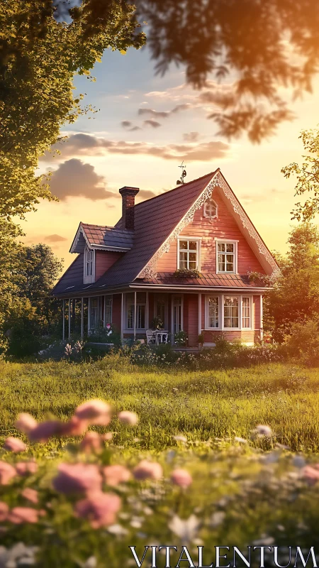 Sunlit Victorian cottage with wraparound porch in meadow