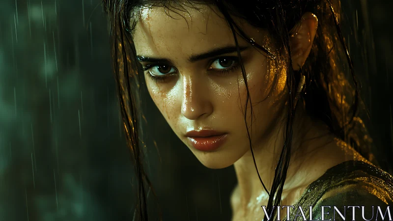 Wet portrait of woman in rain with strong directional light.