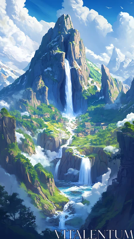 Tiered mountain waterfalls above valley settlement.