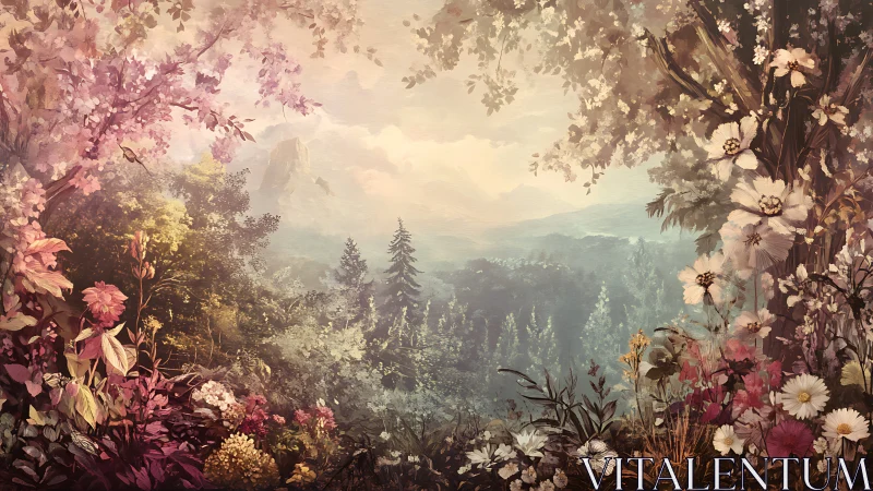 Layered Floral Foreground Frames Atmospheric Mountain Vista with Luminous Haze