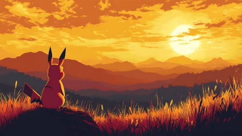 Vector Pikachu silhouette observing stratified sunset horizon.