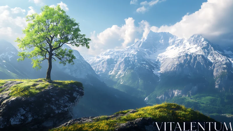 Solitary green tree on rocky cliff before snowy mountains.