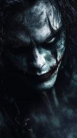 Pale painted face with smeared red mouth stares intensely