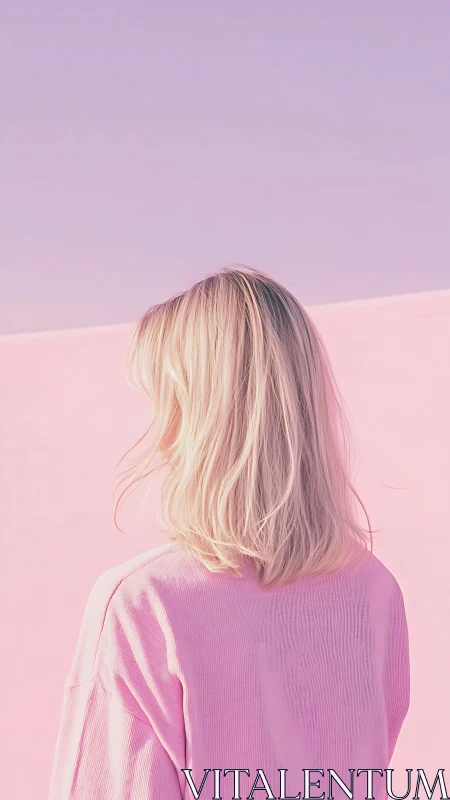 Rear portrait of blonde figure against pink minimal backdrop.
