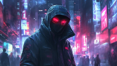 Hooded cybernetic vigilante with neon red optics in rainy megacity
