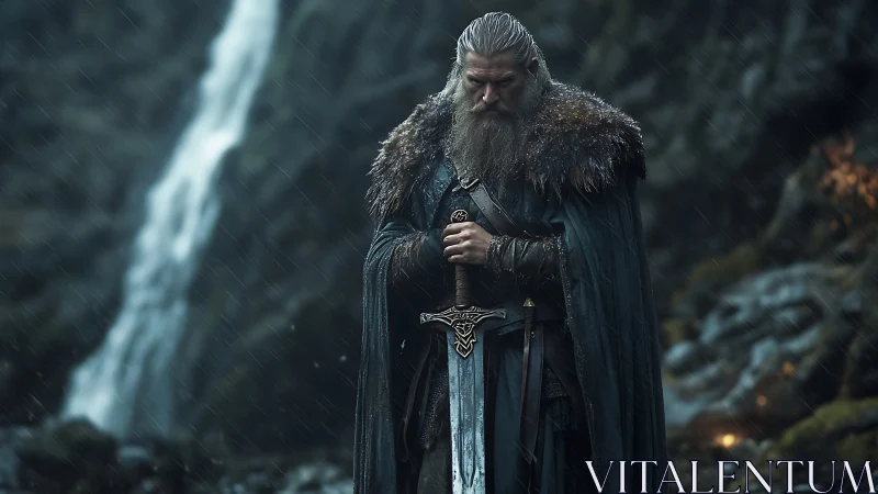 Weathered warrior with greatsword in stormy waterfall gorge.