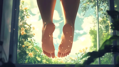 Bare feet suspended above sunlit garden window scene.