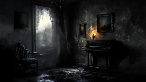 Candlelit piano glows in a dark, abandoned Gothic room.