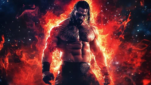 Muscular warrior in fiery cosmic inferno background.