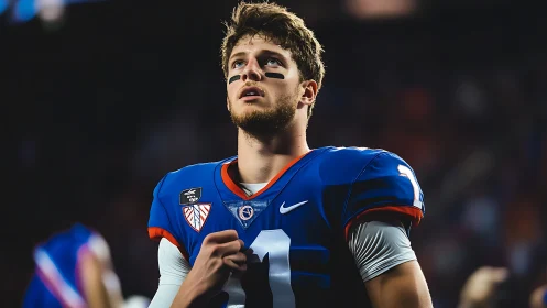 College football player in blue uniform on field at night.