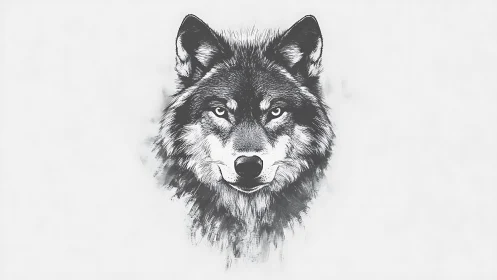 Monochrome wolf portrait rendered in detailed ink linework