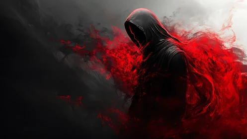 Hooded ember wraith dissolving into wild crimson storm.