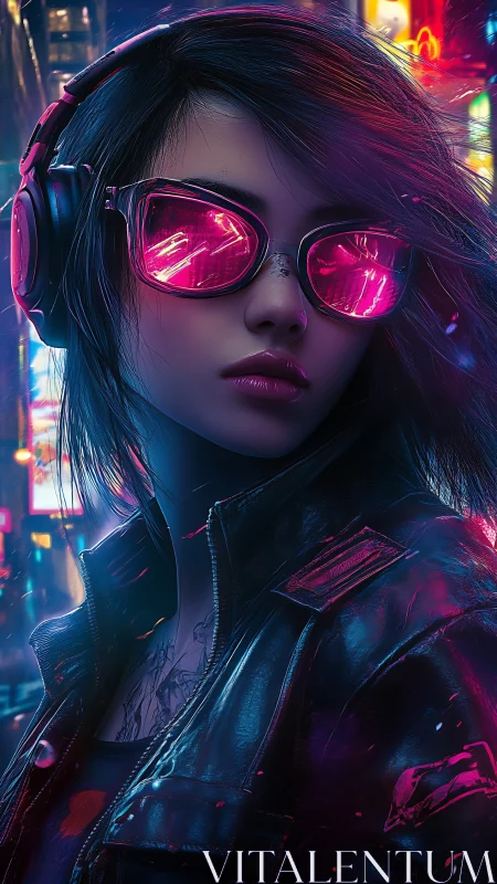 Neon night runner in mirrored shades and electric city glow.