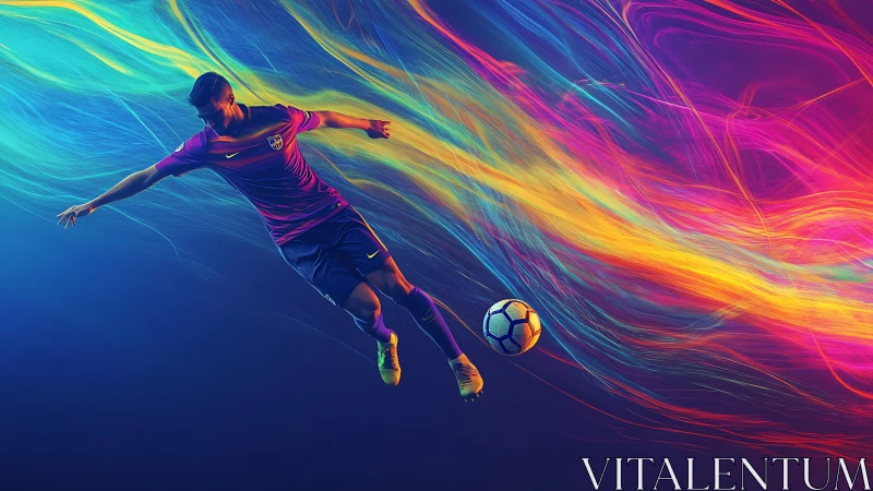 Digital soccer player in motion with multicolor light trails.